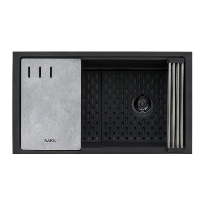 epiStage Ruvati 33" Undermount Workstation Granite Composite Kitchen Sink Matte Black – Model# RVG2302BK