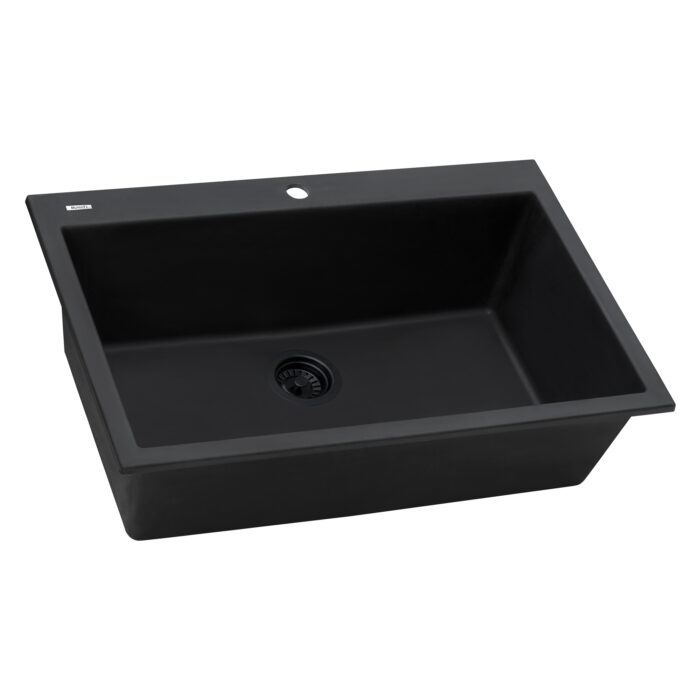 epiGranite Model: RVG1030BK Ruvati 30 x 20 inch epiGranite Drop-in Topmount Granite Composite Quartz Single Bowl Kitchen Sink – Midnight Black – RVG1030BK