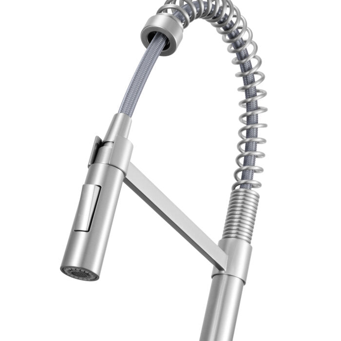 Seneca Model: RVF1243BN Ruvati Seneca Single Handle Pull Down Modern Kitchen Faucet with Pre-Rinse Sprayer in Stainless Steel – RVF1243BN