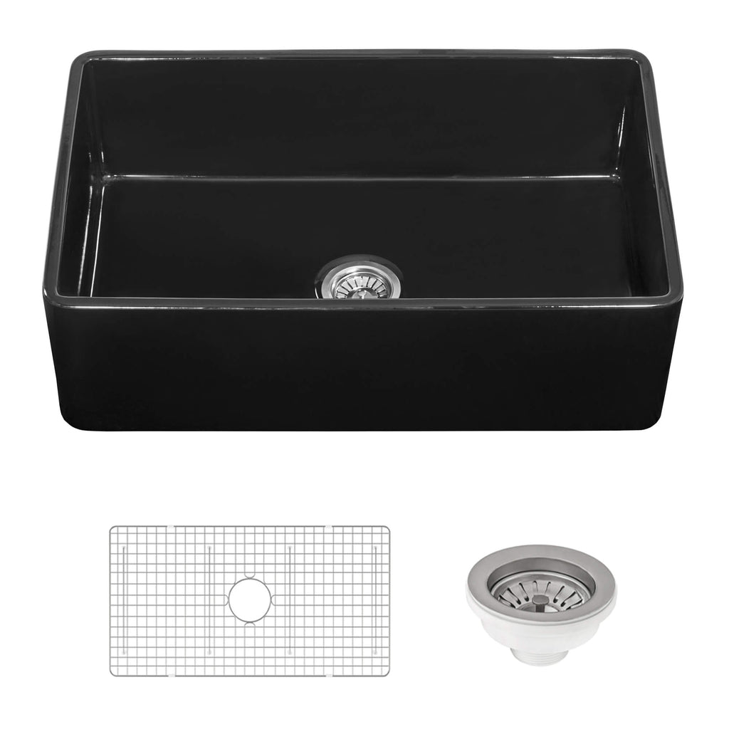 Fiamma Ruvati 33" x 20" Fireclay Reversible Farmhouse Apron-Front Kitchen Sink Single Bowl – Glossy Black – Model# RVL2300BK