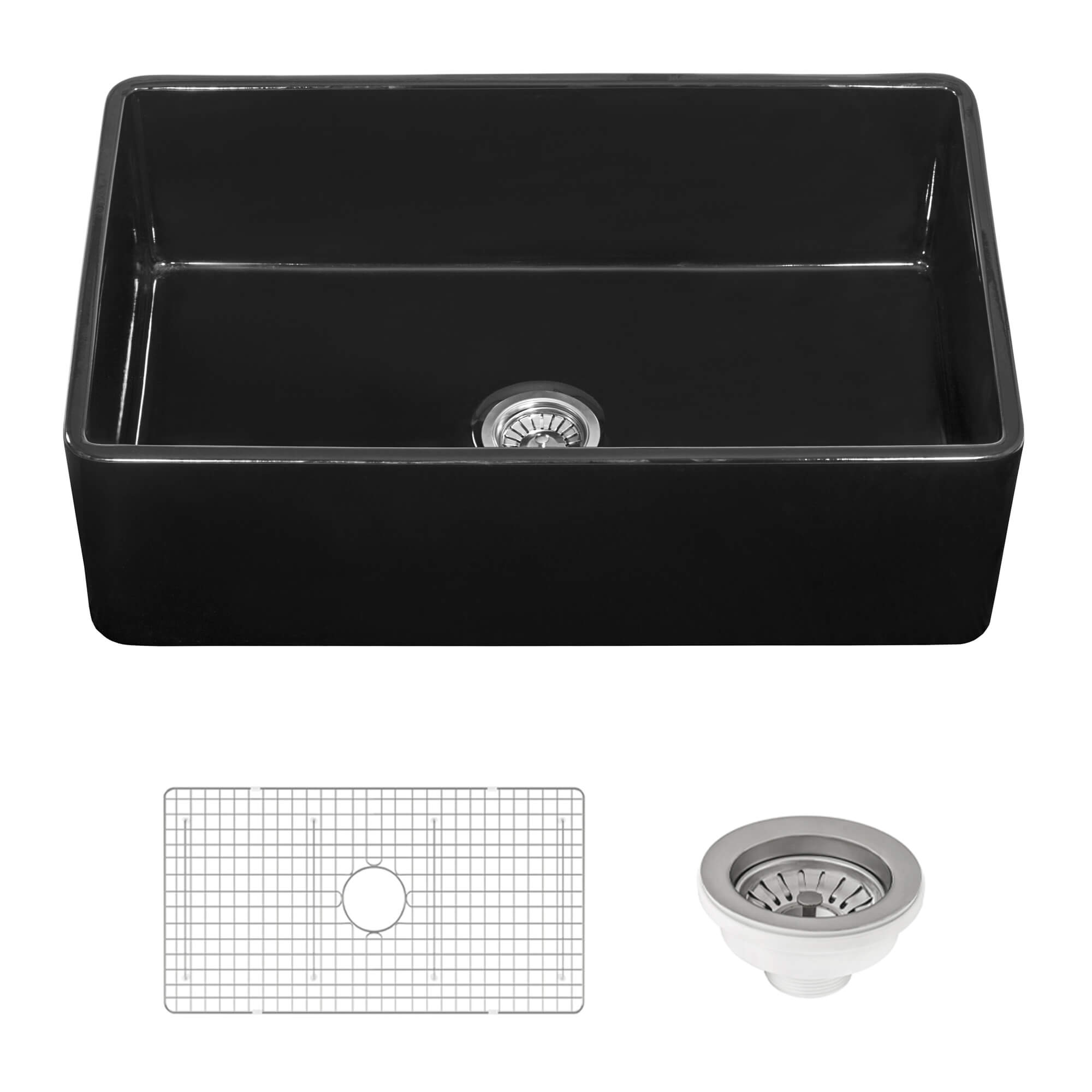 Fiamma Ruvati 33" x 20" Fireclay Reversible Farmhouse Apron-Front Kitchen Sink Single Bowl – Glossy Black – Model# RVL2300BK