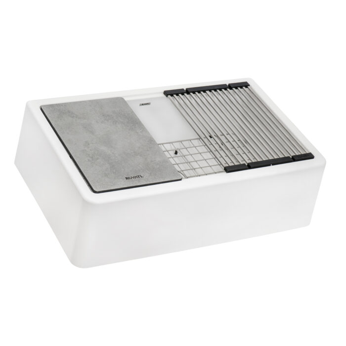 epiCast Ruvati 33-inch Matte White Granite Farmhouse Workstation Apron-front Composite Kitchen Sink – Model# RVG1533WH
