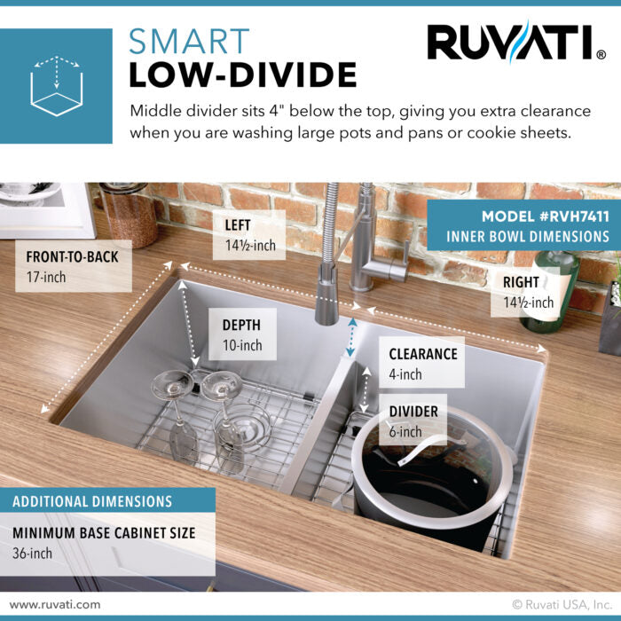 Urbana Ruvati 32" Low-Divide Undermount 50/50 Double Bowl 16 Gauge Rounded Corners Stainless Steel Kitchen Sink – Model # RVH7411