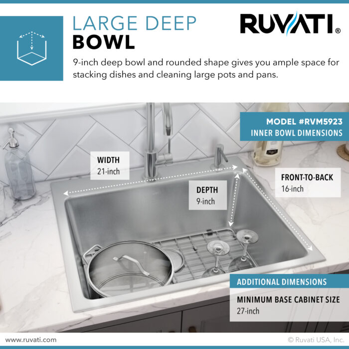 Modena Model: RVM5923 Ruvati 23 x 20 inch Drop-in Topmount Kitchen Sink 16 Gauge Stainless Steel Single Bowl – RVM5923