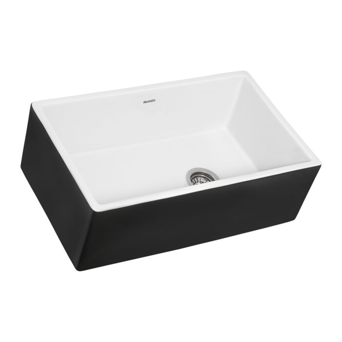 Fiamma Model: RVL4018RBW Ruvati Black and White 30-inch Fireclay Farmhouse Offset Drain Kitchen Sink Single Bowl – RVL4018RBW