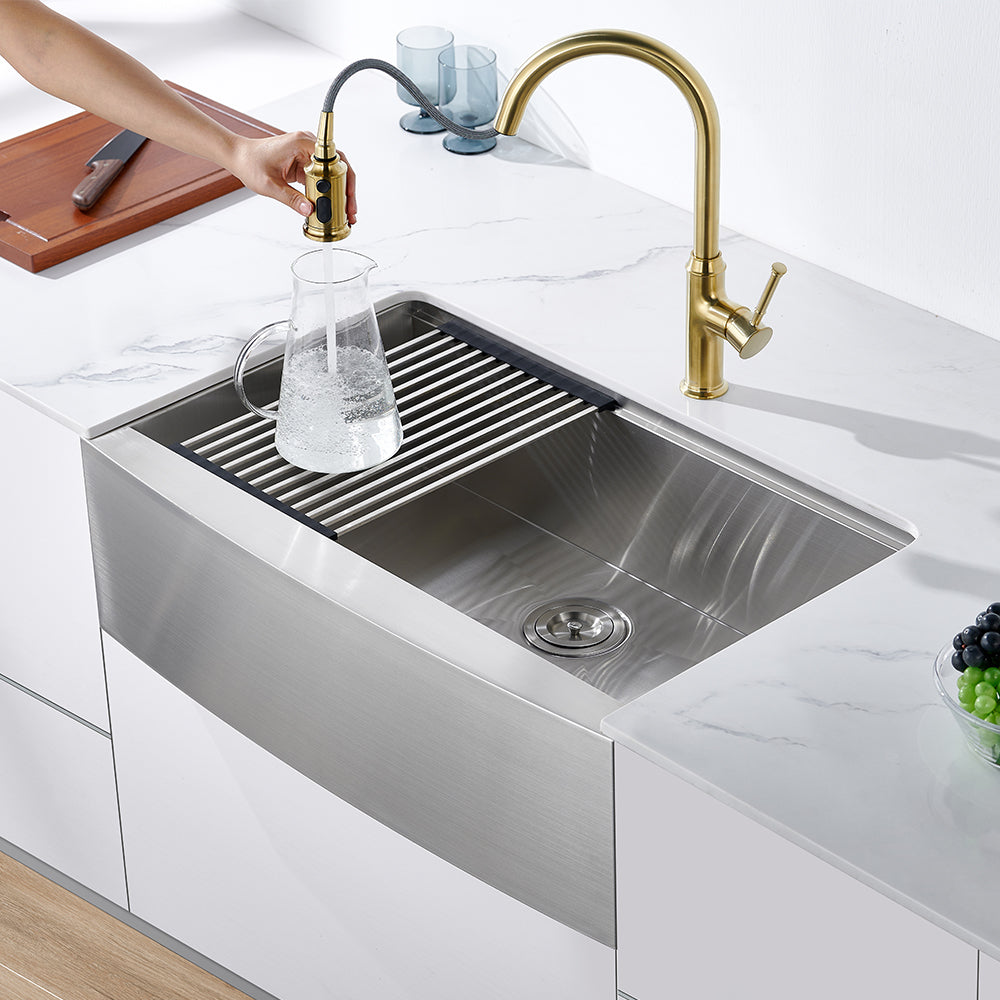 Oakland 30″ Workstation Farmhouse Kitchen Sink 90 Degree Square with Curved Front in Stainless Steel Model# WSF302110SS