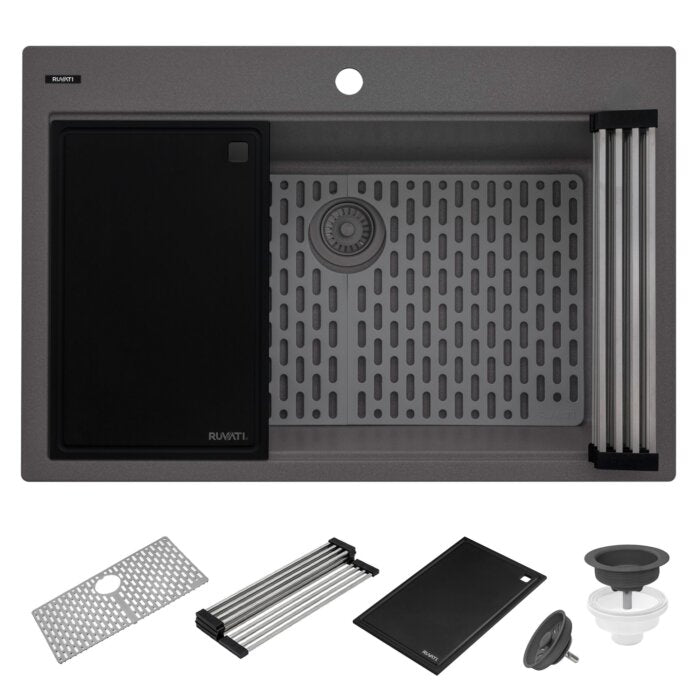 epiStage Model: RVG1306UG Ruvati 33-inch Granite Composite Quartz Workstation Drop-in Topmount Kitchen Sink Urban Gray – RVG1306UG
