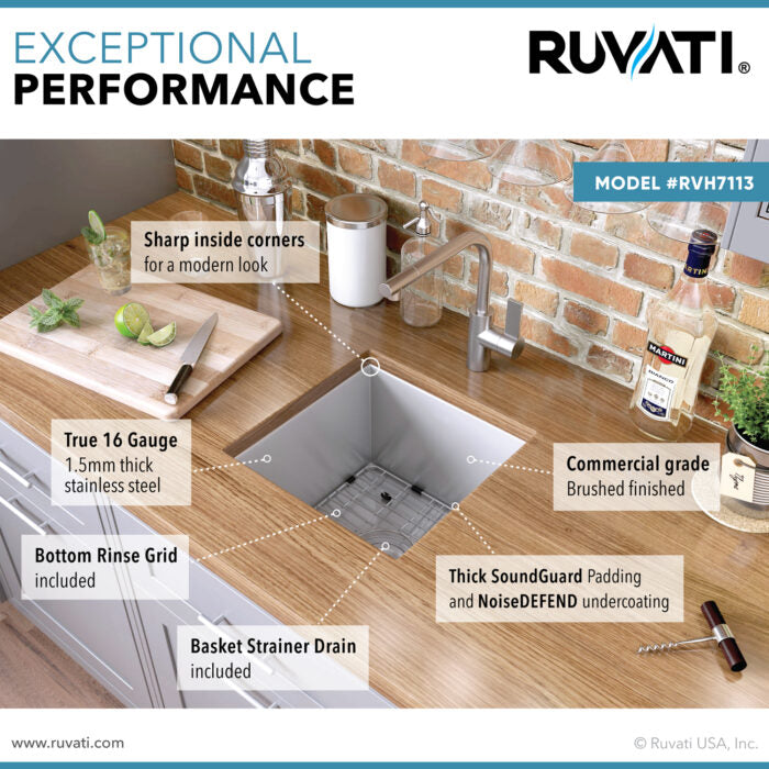 Nesta Ruvati 13 x 15 inch Undermount 16 Gauge Zero Radius Bar Prep Kitchen Sink Stainless Steel Single Bowl – Model# RVH7113