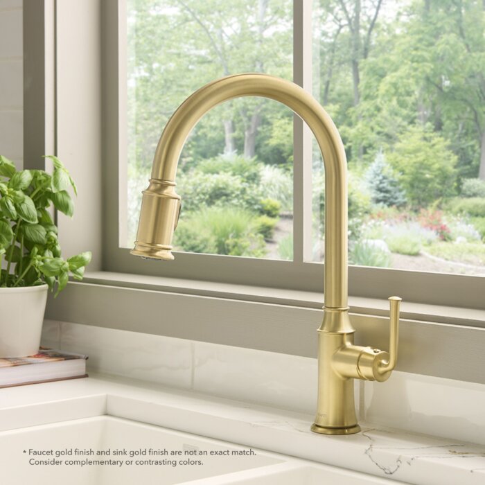 Simoni Model: RVF1234SG Ruvati Simoni Brushed Gold Kitchen Faucet Single Handle Traditional Farmhouse with Pull Down Spray Hose – RVF1234SG