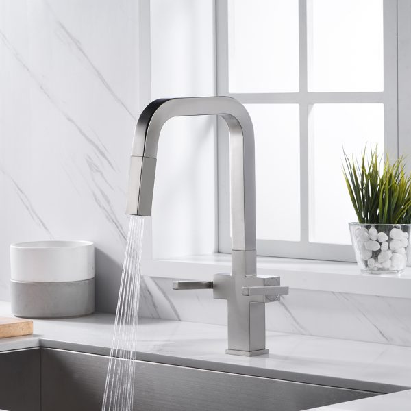 Two Handles 1 Hole High-Arc Kitchen Faucet in Brushed Nickel Model# KSK1219BN