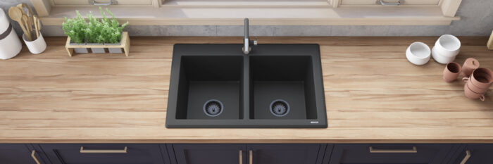epiGranite Model: RVG1388BK Ruvati 33 x 22 inch epiGranite Drop-in Topmount Granite Composite Quartz Double Bowl Kitchen Sink – Midnight Black – RVG1388BK