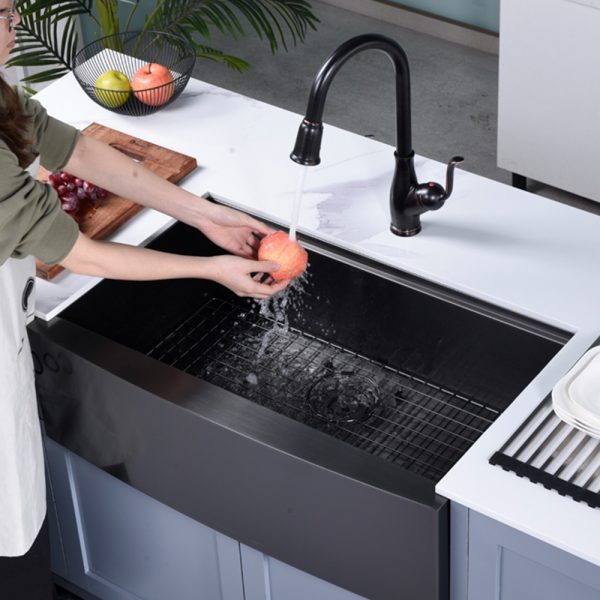 Oakland 30″ Workstation Farmhouse Kitchen Sink 90 Degree Square with Curved Front in Matte Black Model# WSF302110MB