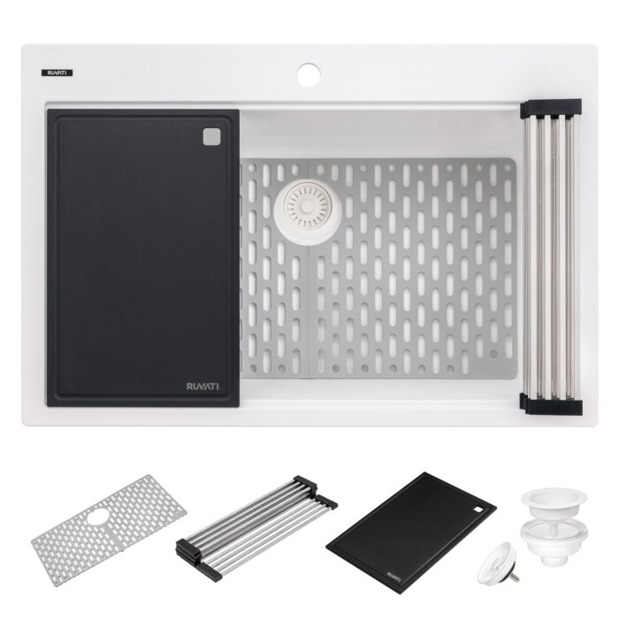 epiStage Model: RVG1306WH Ruvati 33-inch Granite Composite Quartz Workstation Drop-in Topmount Kitchen Sink Matte White Matte – RVG1306WH