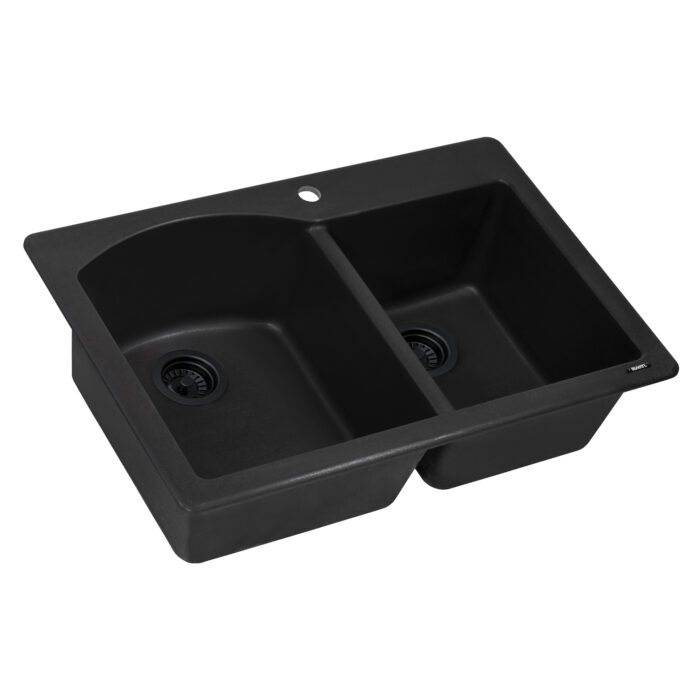 epiGranite Model: RVG1344BK Ruvati 33 x 22 inch epiGranite Drop-in Topmount Granite Composite Quartz Double Bowl Kitchen Sink – Midnight Black – RVG1344BK
