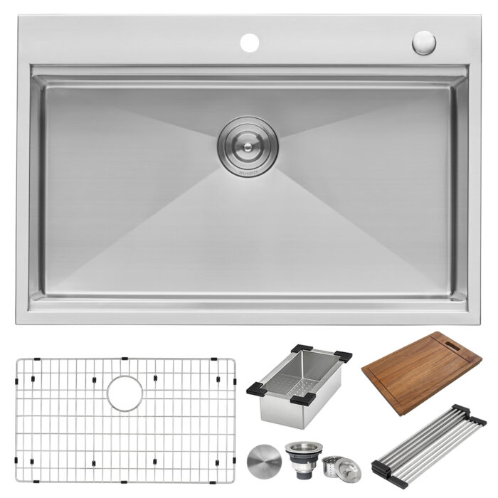 Siena Ruvati 33" x 22" Workstation Ledge Drop-in 16 Gauge Rounded Corners Stainless Steel Kitchen Sink Single Bowl – Model # RVH8003