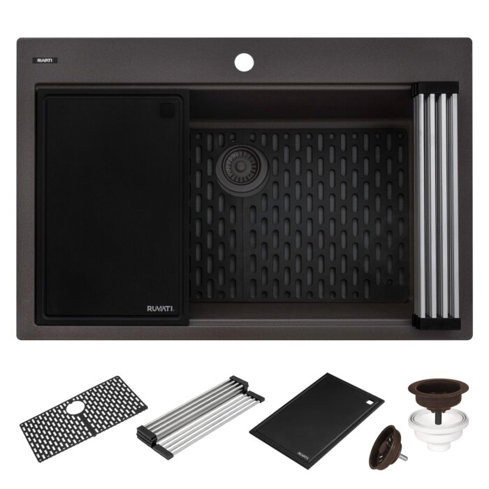 epiStage Model: RVG1306ES Ruvati 33-inch Granite Composite Quartz Workstation Drop-in Topmount Kitchen Sink Espresso – RVG1306ES