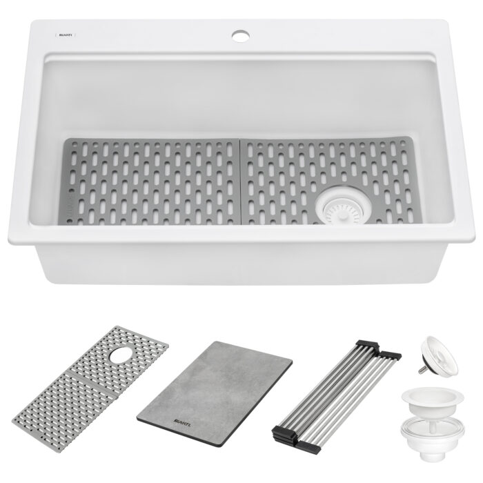 epiStage Ruvati 33-inch Granite Composite Workstation Drop-in Top Mount Kitchen Sink Matte White – Model# RVG1302WH