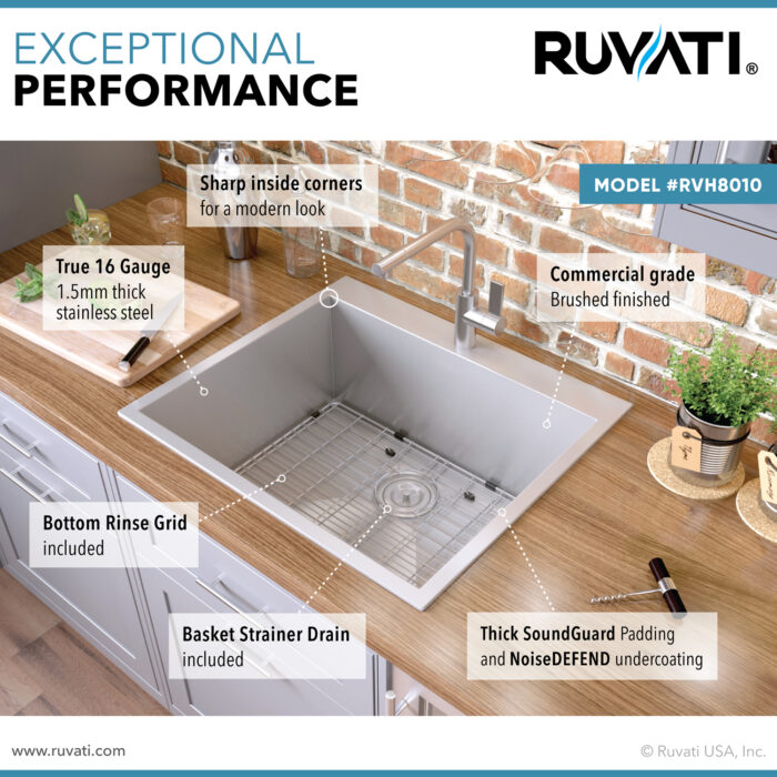 Tirana Ruvati 25″ Drop-in Topmount 16 Gauge Stainless Steel Single Bowl Kitchen Sink – Model # RVH8010