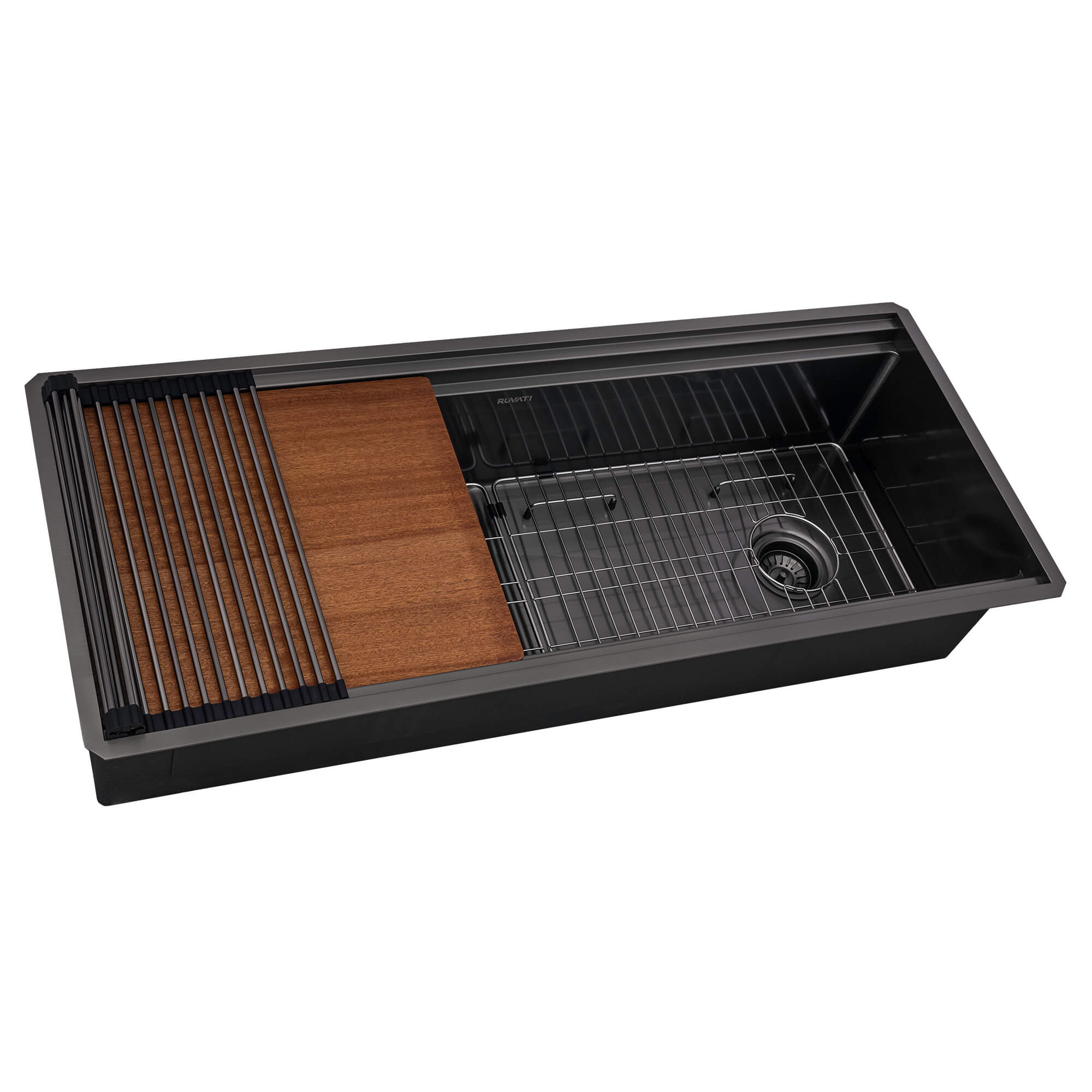 Dual-Tier Pro Ruvati 45-inch Gunmetal Black Stainless Steel Workstation Two-Tiered Ledge Undermount Kitchen Sink – Model# RVH6333BL