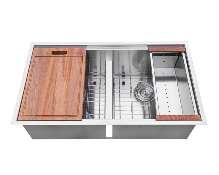 Roma Ruvati 33-inch Workstation Ledge 50/50 Double Bowl Undermount 16 Gauge Stainless Steel Kitchen Sink – Model # RVH8350