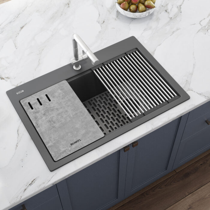 epiStage Ruvati 33-inch Granite Composite Workstation Drop-in Top Mount Kitchen Sink Urban Gray – Model# RVG1302UG