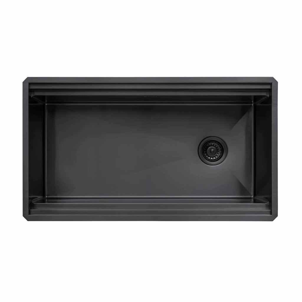 Dual-Tier Pro Ruvati 33-inch Gunmetal Black Stainless Steel Workstation Two-Tiered Ledge Kitchen Sink Undermount – Model# RVH6222BL