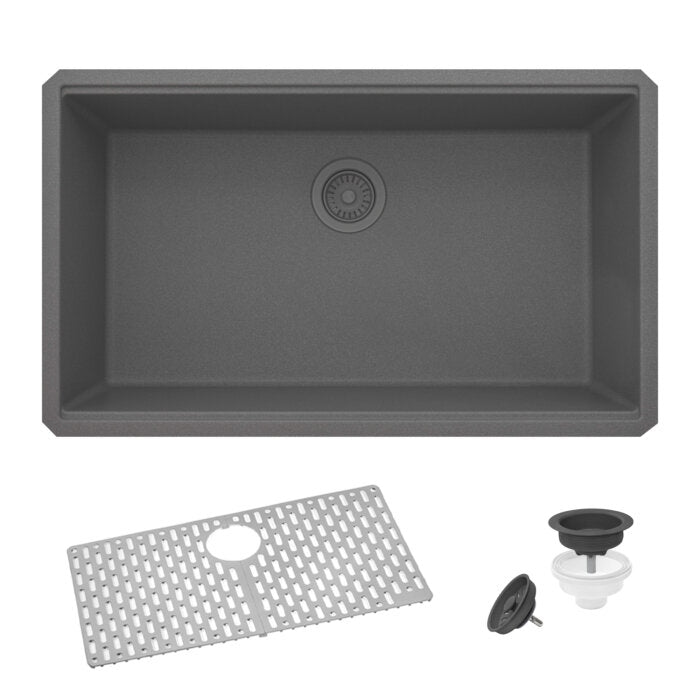 epiGranite Model: RVG2080UG Ruvati 32 x 19 inch Granite Composite Quartz Undermount Single Bowl Kitchen Sink – Urban Gray – RVG2080UG