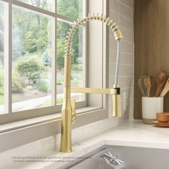 Seneca Model: RVF1233SG Ruvati Seneca Brushed Gold Single Handle Pull Down Kitchen Faucet Tall High Arc Commercial with Pre-Rinse Sprayer – RVF1233SG