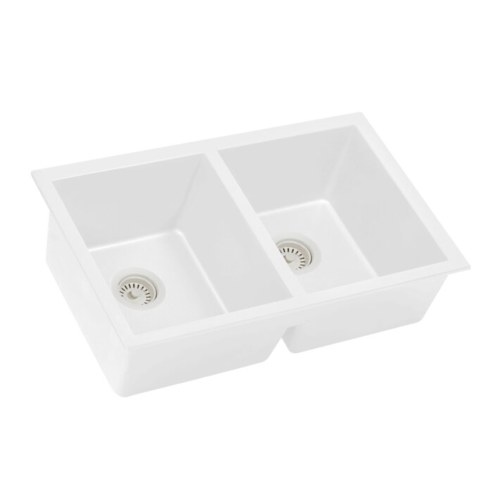 Ruvati 32 x 19 inch Granite Composite Quartz Undermount Double Bowl Kitchen Sink – Arctic White Matte – RVG2388WH