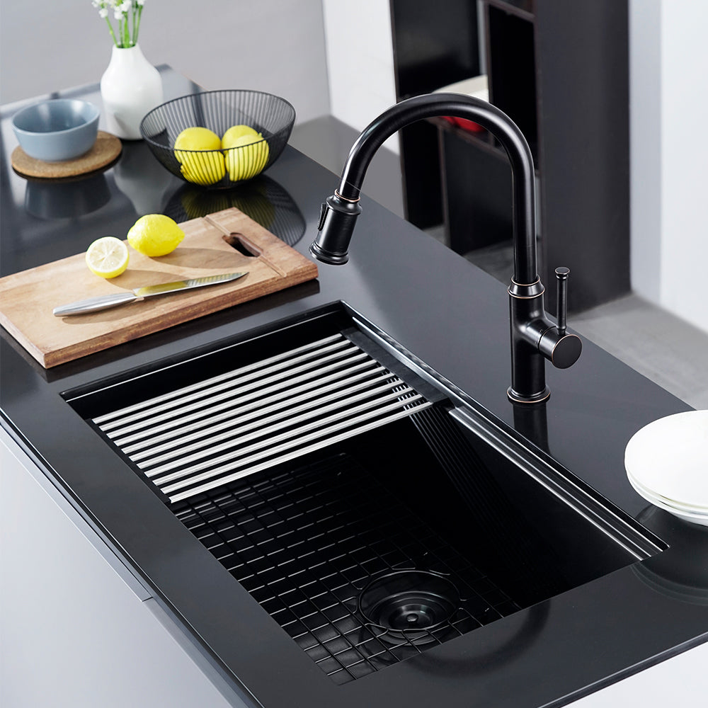 Oakland 32″ Workstation Under Mount Kitchen Sink 90 Degree Zero Radius in Matte Black Model# WSH321910MB