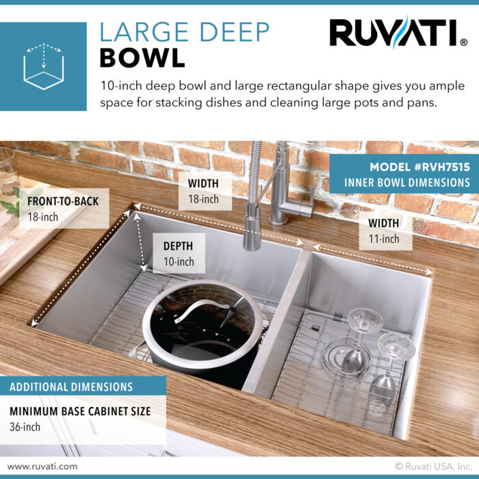 Nesta Model: RVH7515 Ruvati 32-inch Undermount 60/40 Double Bowl Zero Radius 16 Gauge Stainless Steel Kitchen Sink – RVH7515