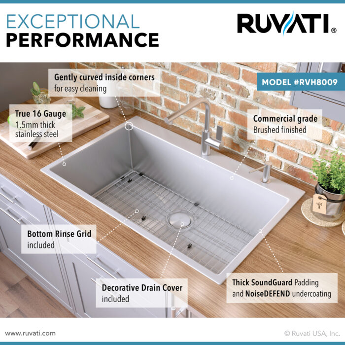 Tirana Pro Model: RVH8009 Ruvati 30 x 22 inch Drop-in Topmount 16 Gauge Stainless Steel Rounded Corners Kitchen Sink Single Bowl – RVH8009