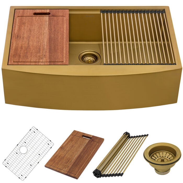 Monaco Model: RVH9308GG Ruvati 36" Matte Gold Workstation Apron-Front Stainless Steel Kitchen Sink – Model # RVH9308GG
