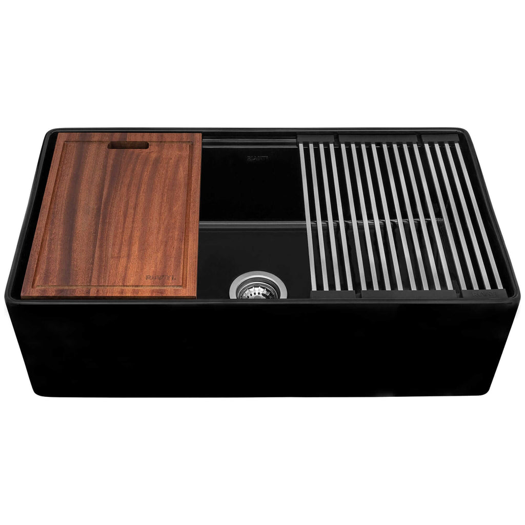 Fiore Model: RVL2387BK Ruvati 33 inch Fireclay Workstation Black Farmhouse Kitchen Sink Apron Front Single Bowl – RVL2387BK
