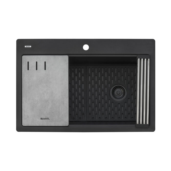epiStage Ruvati 33-inch Granite Composite Workstation Matte Black Drop-in Top Mount Kitchen Sink – Model# RVG1302BK