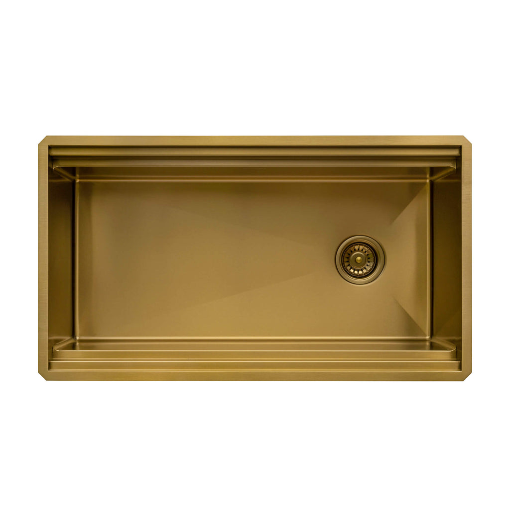Dual-Tier Pro Ruvati 33-inch Matte Gold Stainless Steel Workstation Two-Tiered Ledge Undermount Kitchen Sink – Model# RVH6222GG