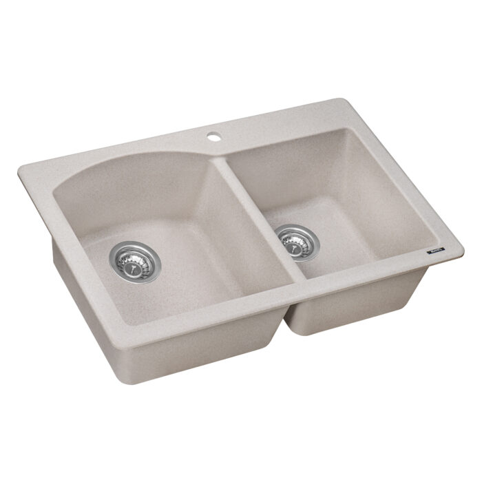 epiGranite Model: RVG1344CS Ruvati 33 x 22 inch epiGranite Drop-in Topmount Granite Composite Quartz Double Bowl Kitchen Sink – Caribbean Sand – RVG1344CS