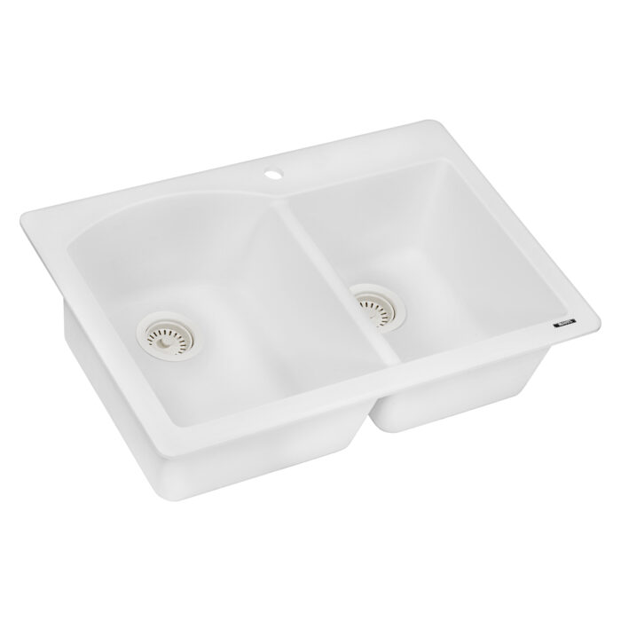 epiGranite Model: RVG1344WH Ruvati 33 x 22 inch epiGranite Drop-in Topmount Granite Composite Quartz Double Bowl Kitchen Sink – Arctic White Matte – RVG1344WH