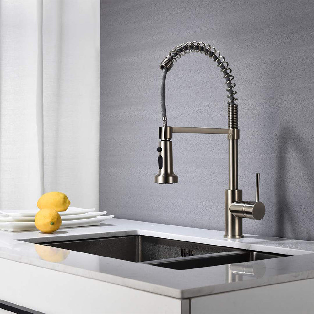 Single Handle 1 Hole Pull-Down Kitchen Faucet with Spring in Brushed Nickel Model# KSK1125BN