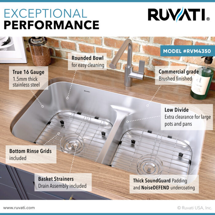 Parmi Model: RVM4350 Ruvati 32-inch Low-Divide 50/50 Double Bowl Undermount 16 Gauge Stainless Steel Kitchen Sink – RVM4350