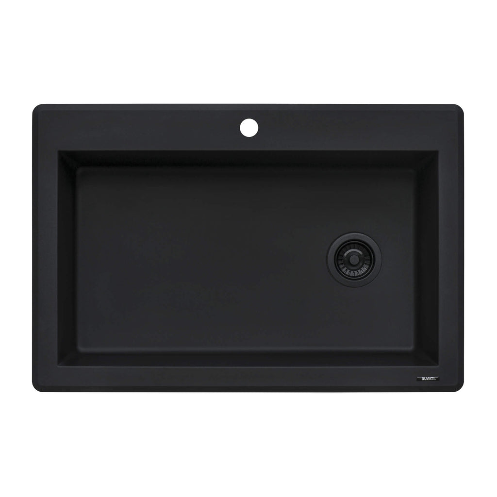epiGranite Model: RVG1033BK Ruvati 33 x 22 inch epiGranite Drop-in Topmount Granite Composite Quartz Single Bowl Kitchen Sink – Midnight Black – RVG1033BK
