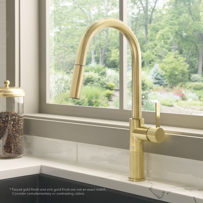 Isola Model: RVF1248SG Ruvati Isola Single Handle Pull Out Kitchen Faucet Knurl Transitional with Sprayer in Brushed Gold – RVF1248SG