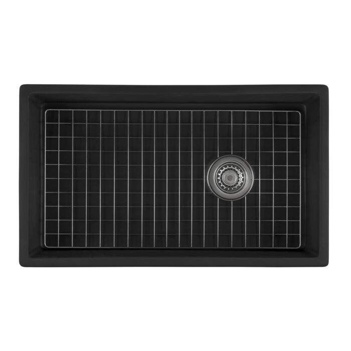 Fiamma Model: RVL4018MBK Ruvati 30-inch Matte Black Fireclay Modern Farmhouse Offset Drain Kitchen Sink Single Bowl – RVL4018MBK