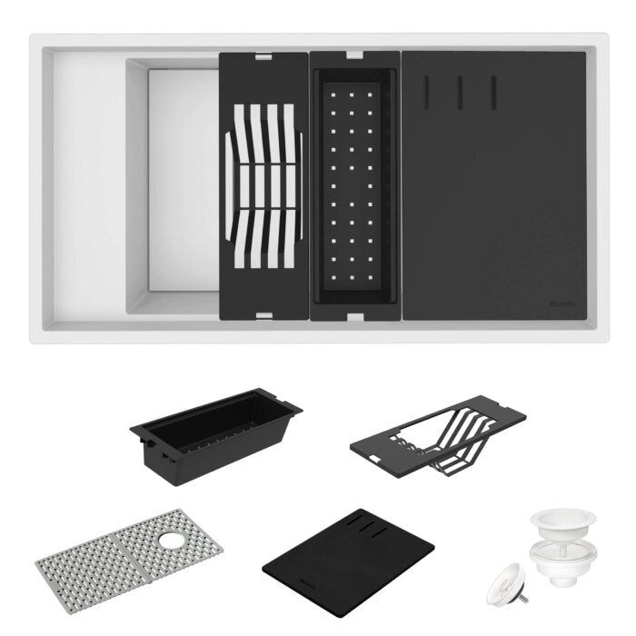 epiStage Model: RVG1650WH Ruvati 18 x 34 inch Granite Composite Quartz Workstation Kitchen Sink epiStage Dual Mount Single Bowl – Arctic White Matte – RVG1650WH