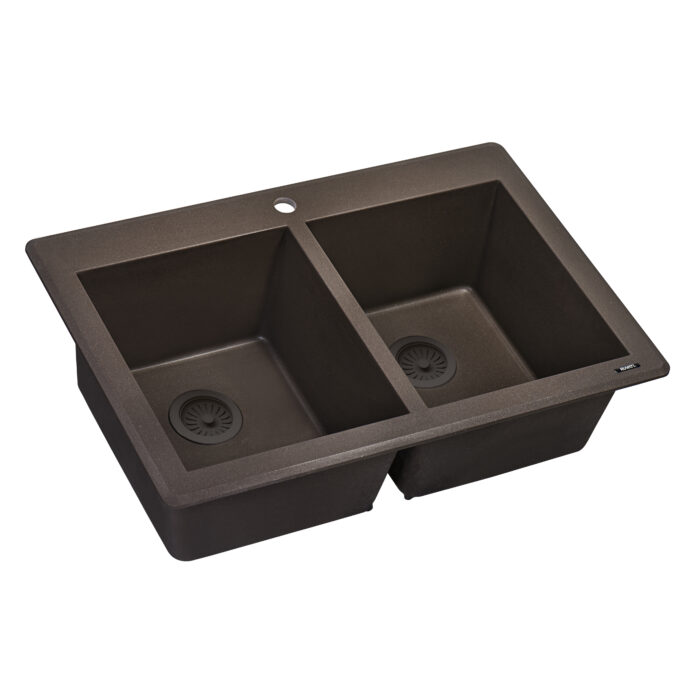 epiGranite Model: RVG1388ES Ruvati 33 x 22 inch epiGranite Drop-in Topmount Granite Composite Quartz Double Bowl Kitchen Sink – Espresso Brown – RVG1388ES