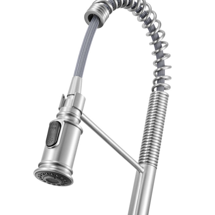 Bianca Model: RVF1238BN Ruvati Bianca Single Handle Pull Down Industrial Pre-Rinse High Arc Kitchen Faucet with Sprayer in Stainless Steel – RVF1238BN