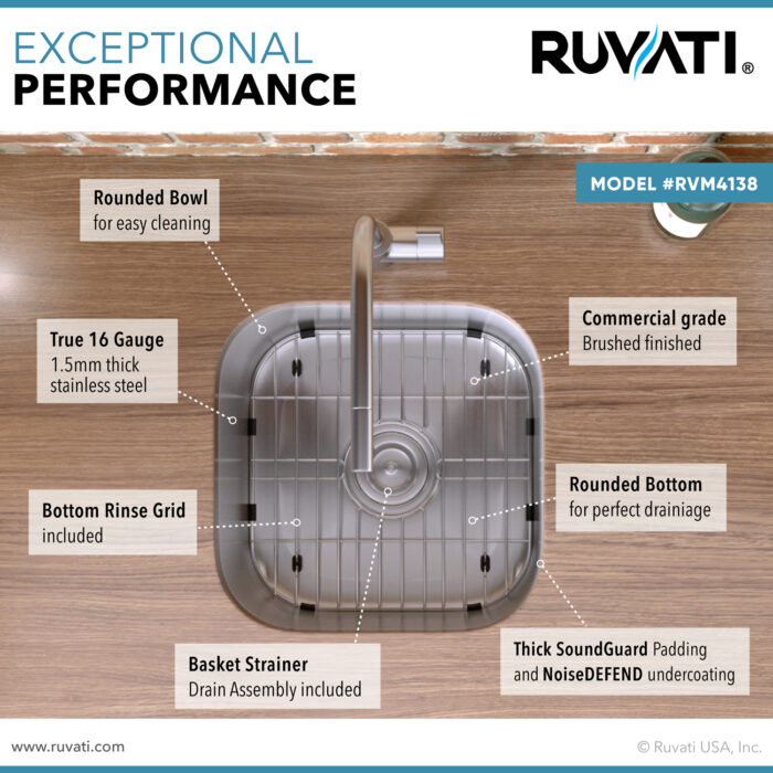 Ruvati 16 x 16 inch Bar Prep Sink Undermount 16 Gauge Stainless Steel