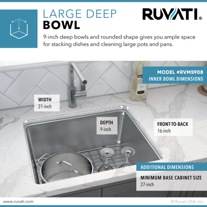 Modena Model: RVM5908 Ruvati 23-inch Undermount Kitchen Sink 16 Gauge Stainless Steel Single Bowl – RVM5908