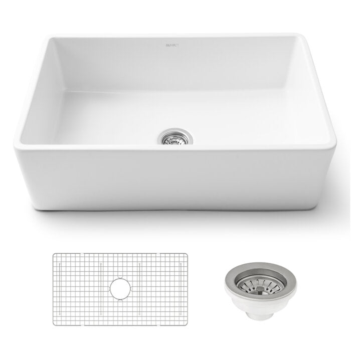Fiamma Ruvati 33" x 20" Fireclay Reversible Farmhouse Apron-Front Kitchen Sink Single Bowl – White – Model# RVL2300WH