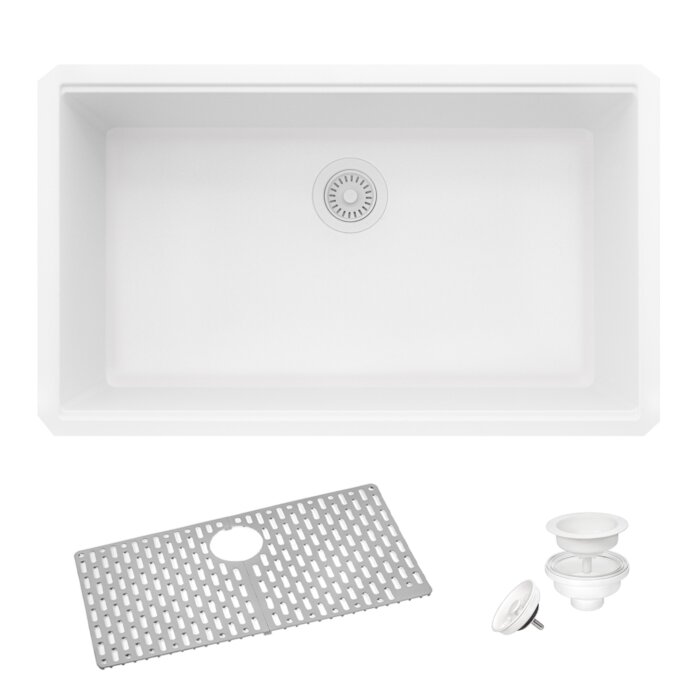 epiGranite Model: RVG2080WH Ruvati 32 x 19 inch Granite Composite Quartz Undermount Single Bowl Kitchen Sink – Arctic White Matte – RVG2080WH